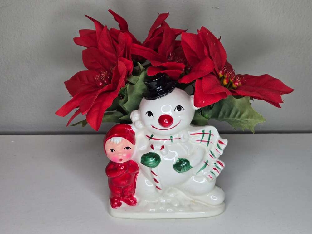 Vintage SSCO Japan Christmas Snowman Planter Figurine with Snow Baby